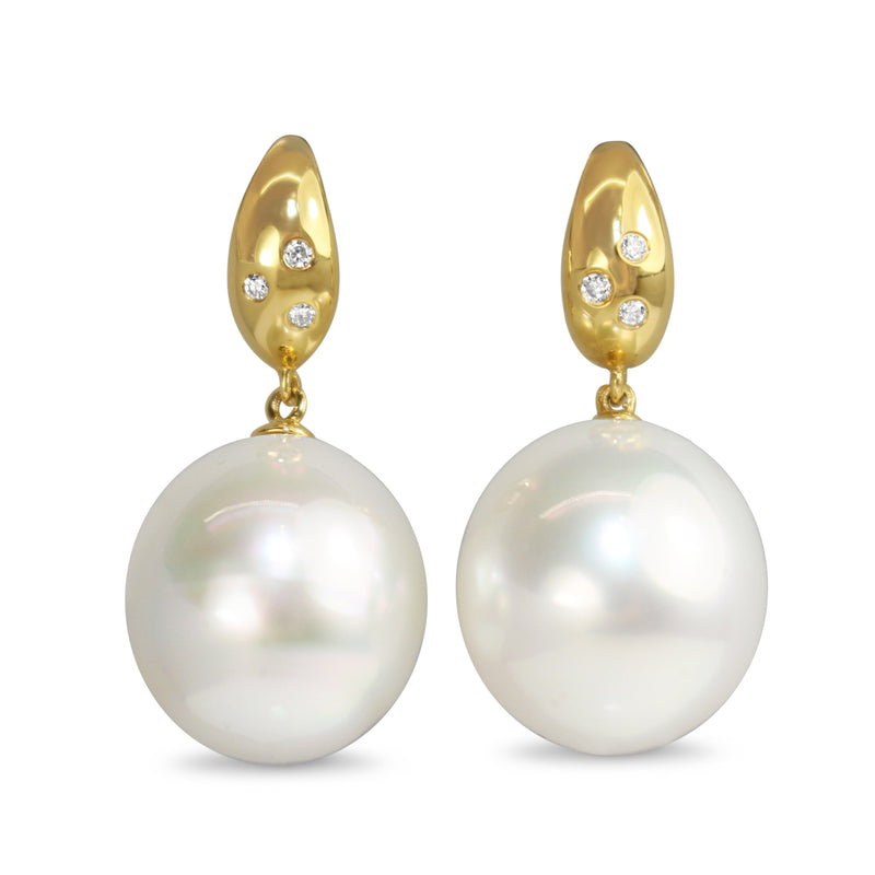 18ct Yellow Gold 14mm South Sea Pearls and Diamond Earrings