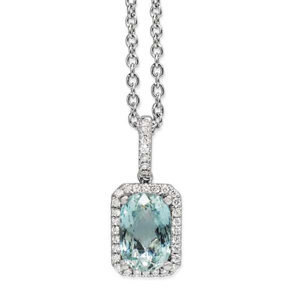 18ct White Gold Aquamarine and Diamond Halo Pendant