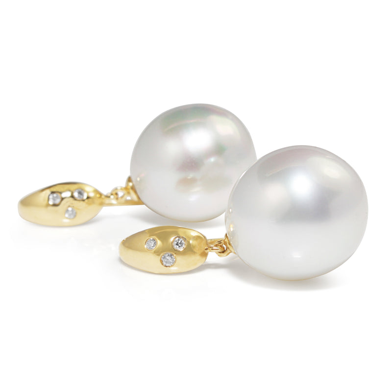 18ct Yellow Gold 14mm South Sea Pearls and Diamond Earrings