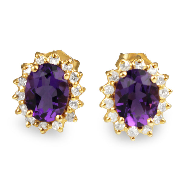 14ct Yellow Gold Amethyst and Diamond Halo Stud Earrings