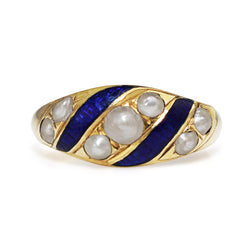 15ct Yellow Gold Antique Blue Enamel and Pearl Ring Circa 1853