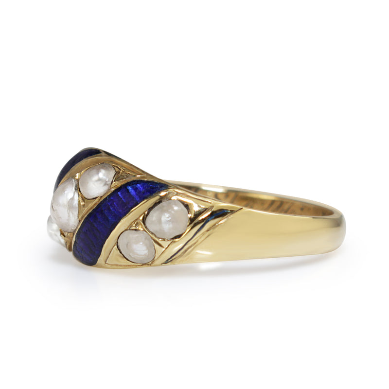 15ct Yellow Gold Antique Blue Enamel and Pearl Ring Circa 1853