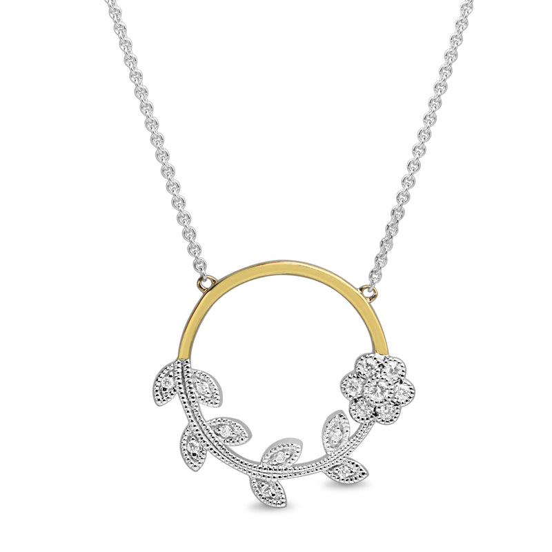 9ct Yellow and White Gold Circle Floral Diamond Necklace