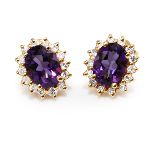 14ct Yellow Gold Amethyst and Diamond Halo Stud Earrings