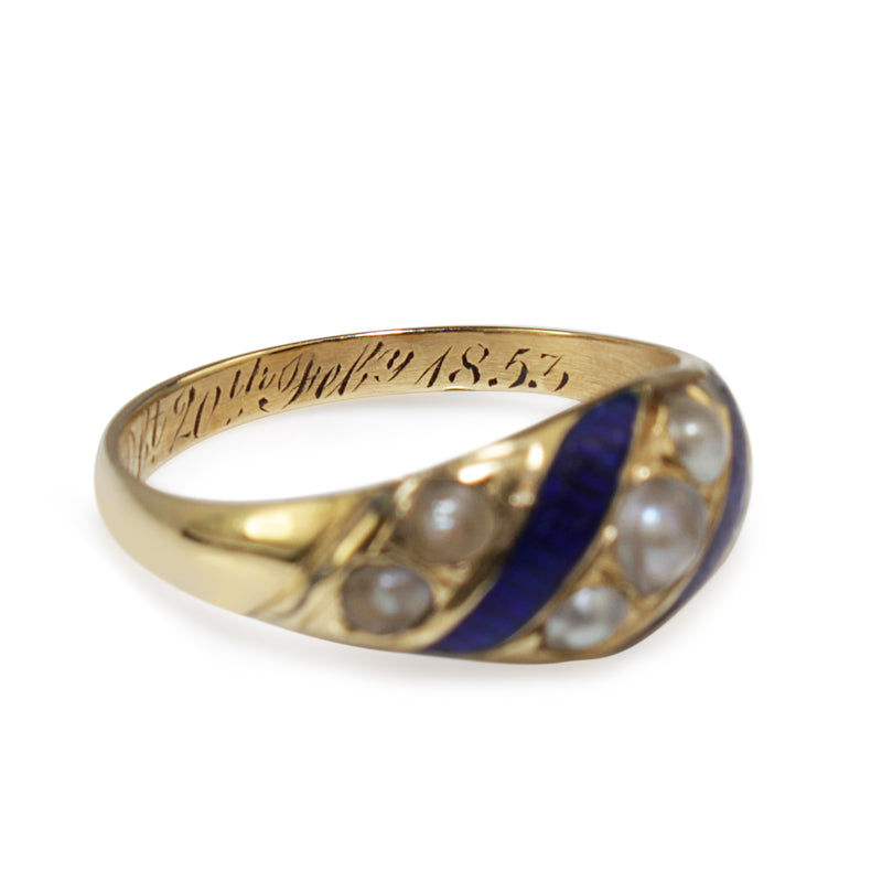 15ct Yellow Gold Antique Blue Enamel and Pearl Ring Circa 1853