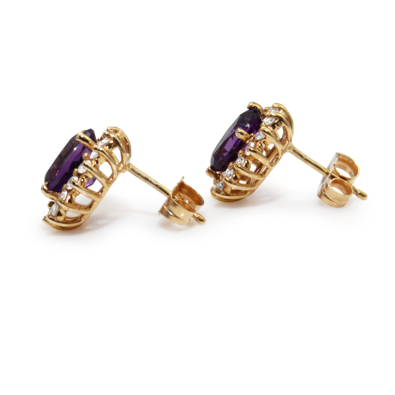 14ct Yellow Gold Amethyst and Diamond Halo Stud Earrings