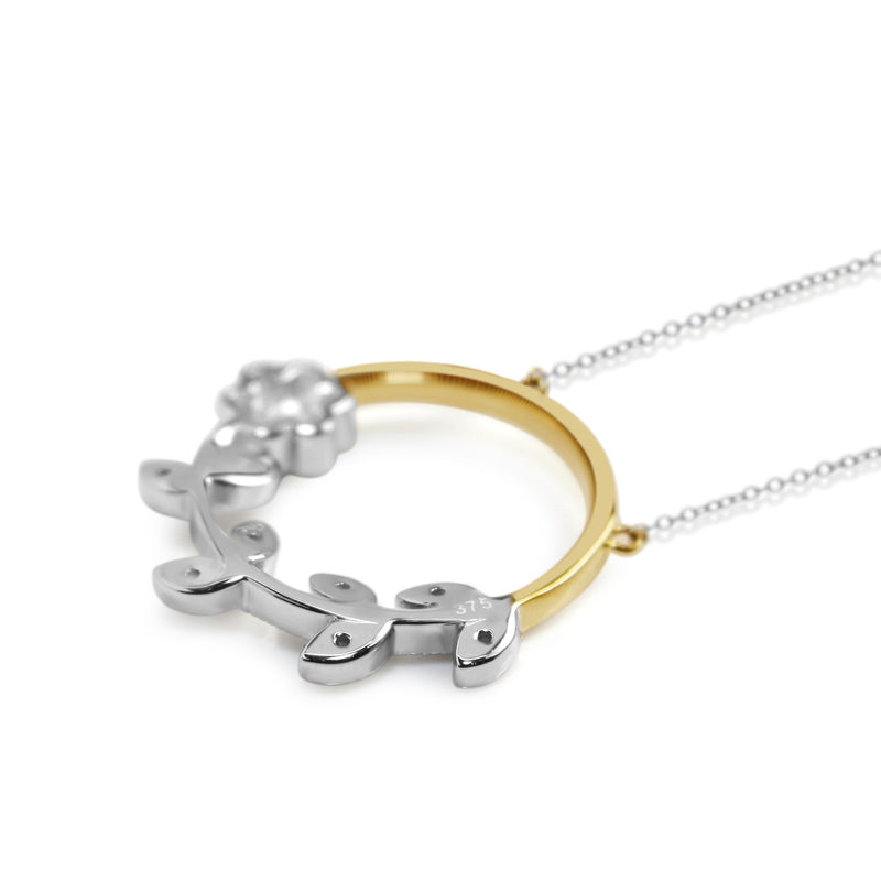 9ct Yellow and White Gold Circle Floral Diamond Necklace