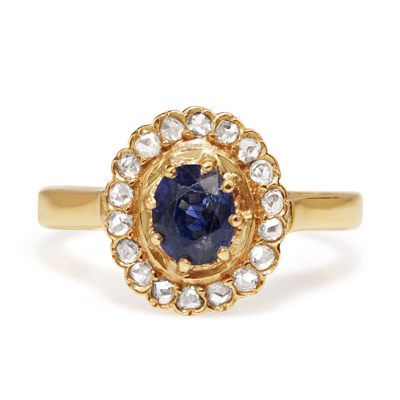 18ct Yellow Gold Antique Sapphire and Rose Cut Diamond Halo Ring