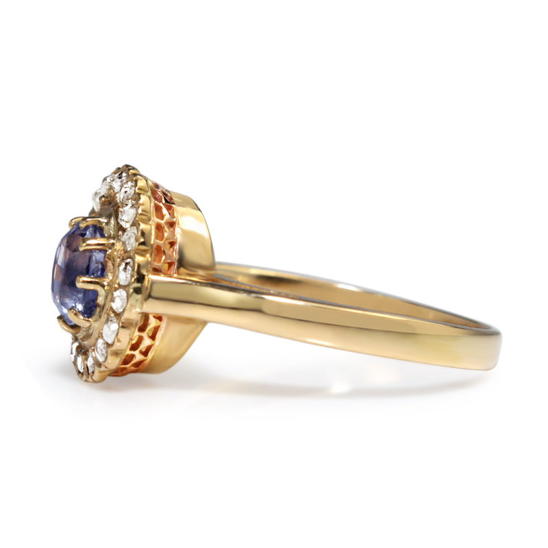18ct Yellow Gold Antique Sapphire and Rose Cut Diamond Halo Ring