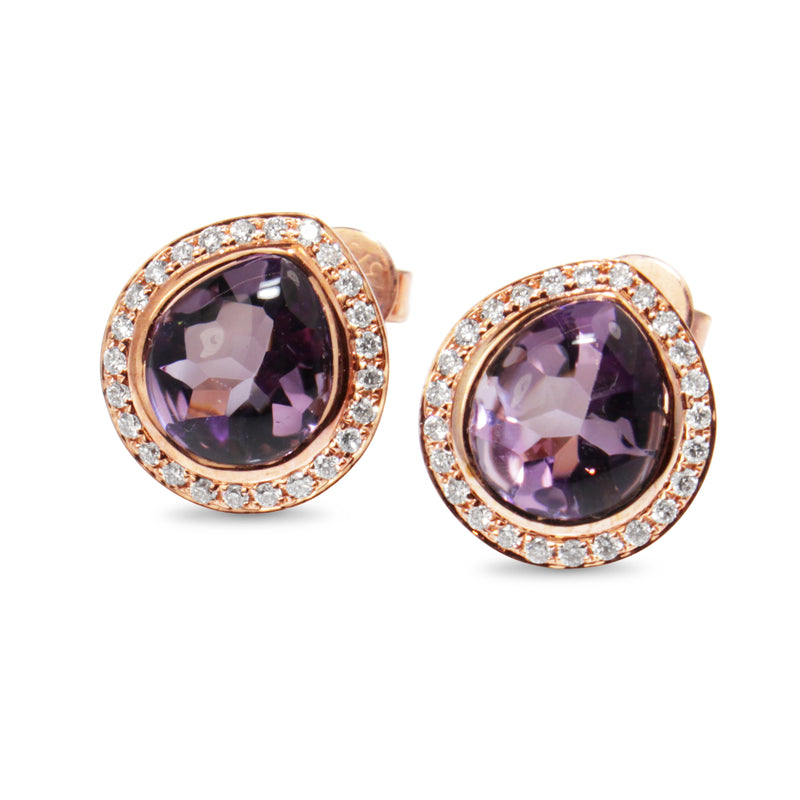 9ct Rose Gold Amethyst and Diamond Halo Stud Earrings