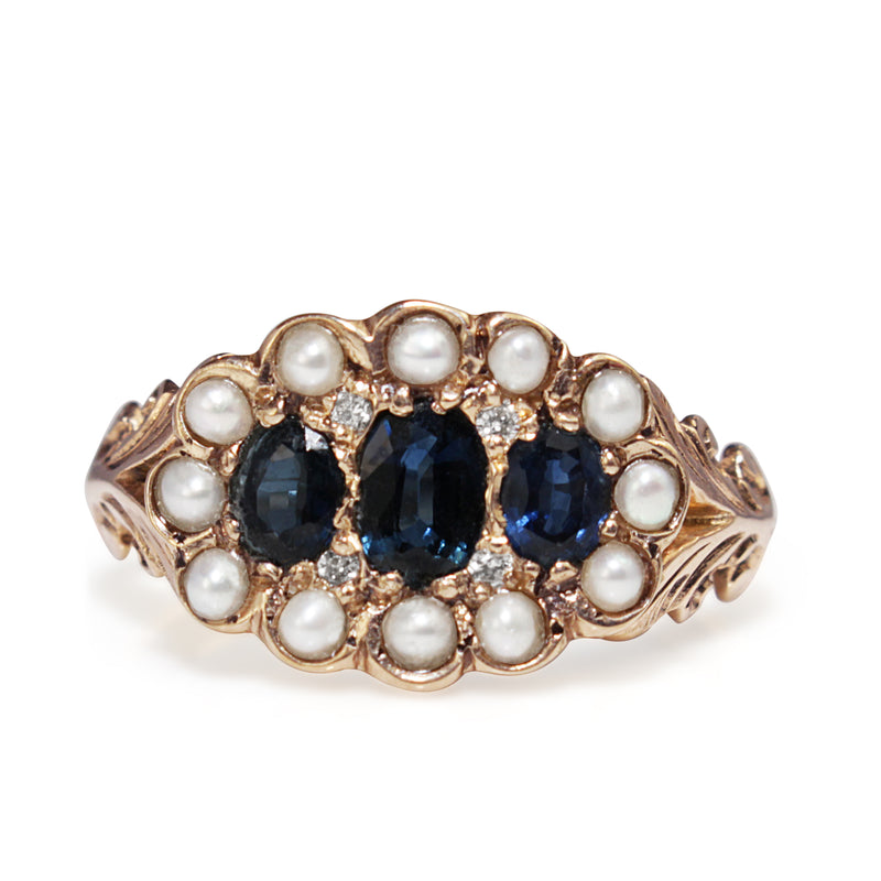 14ct Yellow Gold Sapphire, Pearl and Diamond Ring