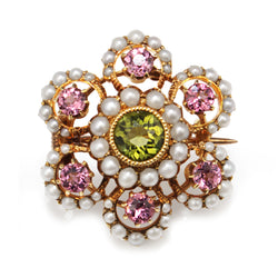 15ct Yellow Gold Antique Suffragette Tourmaline, Pearl and Peridot Brooch