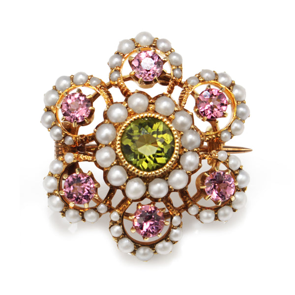 15ct Yellow Gold Antique Suffragette Tourmaline, Pearl and Peridot Brooch
