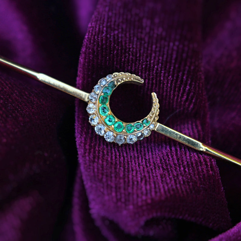 18ct Yellow Gold Antique Emerald and Old Cut Diamond Crescent Brooch