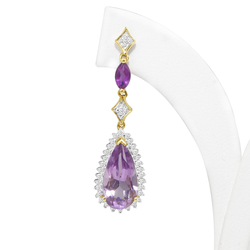 14ct Yellow and White Gold Amethyst and Diamond Drop Earrings