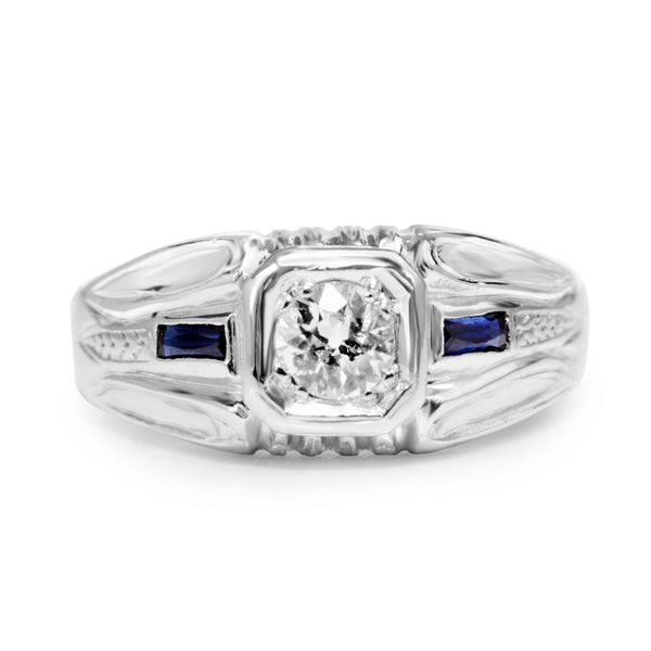 14ct White Gold Deco Style Old Cut Diamond and Sapphire Ring