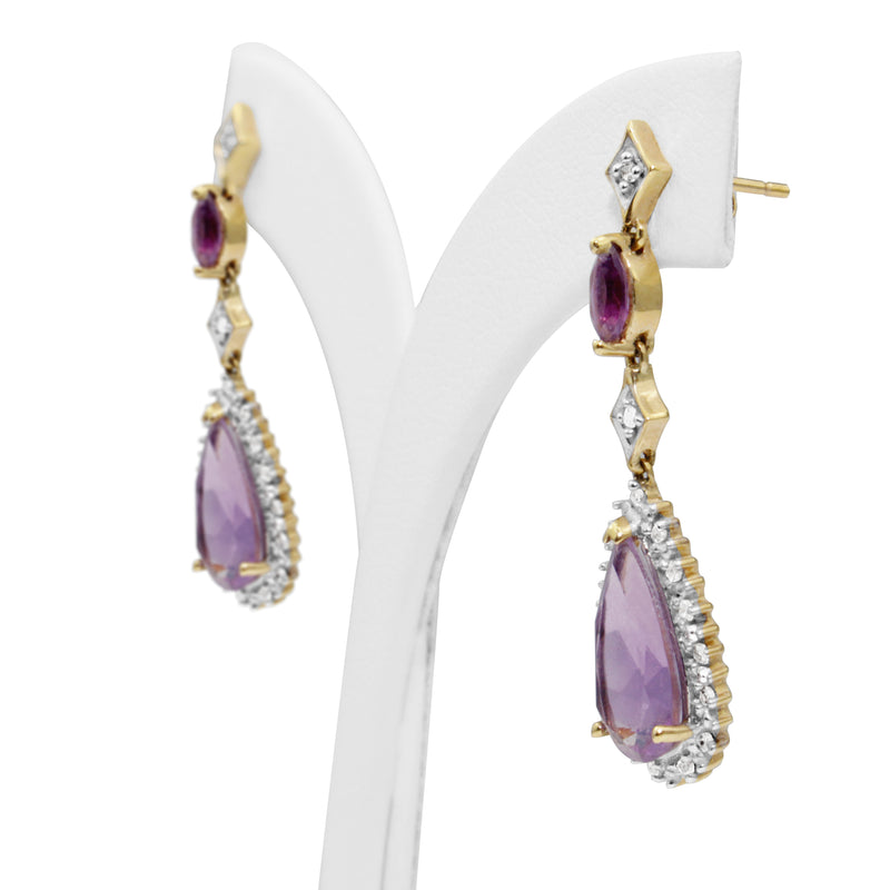 14ct Yellow and White Gold Amethyst and Diamond Drop Earrings