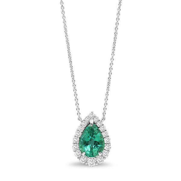18ct White Gold Emerald and Diamond Graduated Halo Necklace