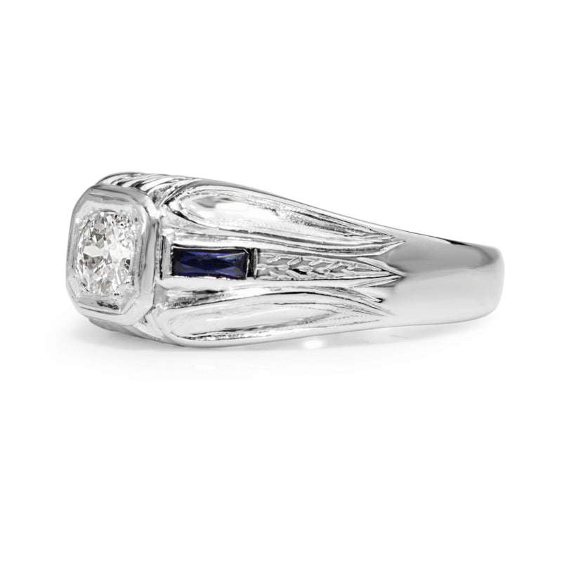 14ct White Gold Deco Style Old Cut Diamond and Sapphire Ring