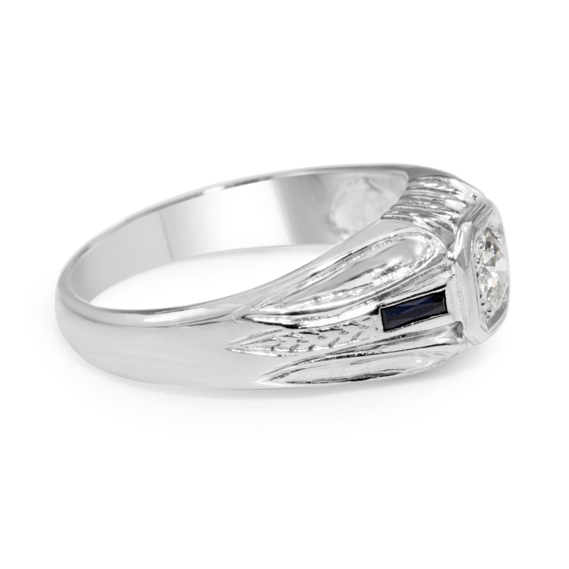 14ct White Gold Deco Style Old Cut Diamond and Sapphire Ring