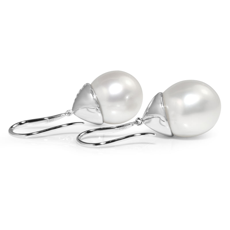 18ct White Gold 14mm South Sea Pearl and Diamond Earrings