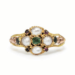 9ct Yellow and Rose Gold Amethyst, Emerald and Pearl Suffragette Ring