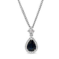 18ct White Gold Pear Sapphire and Diamond Halo Necklace