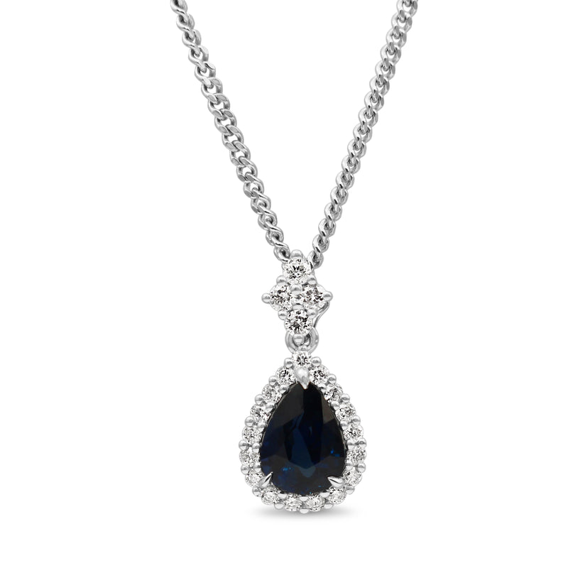 18ct White Gold Pear Sapphire and Diamond Halo Necklace