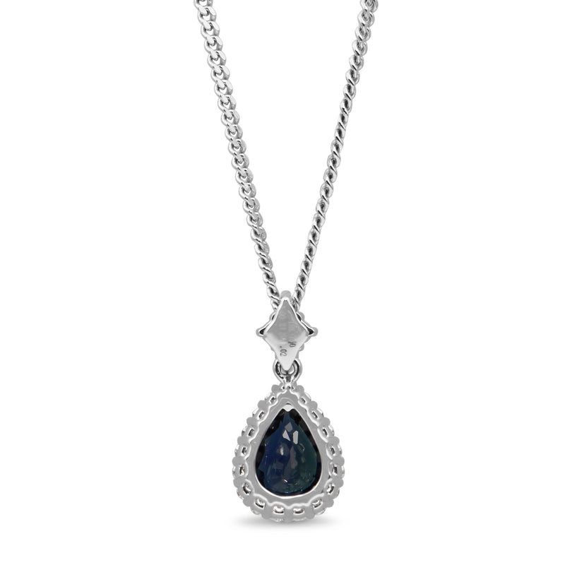 18ct White Gold Pear Sapphire and Diamond Halo Necklace