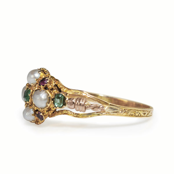 9ct Yellow and Rose Gold Amethyst, Emerald and Pearl Suffragette Ring