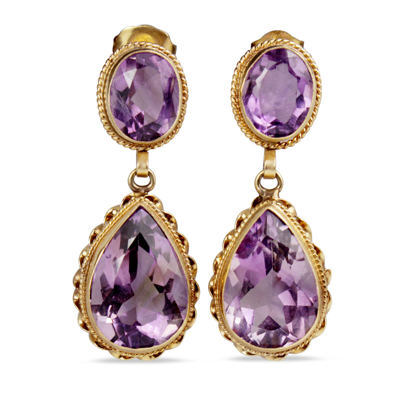 14ct Yellow Gold Vintage Amethyst Drop Earrings