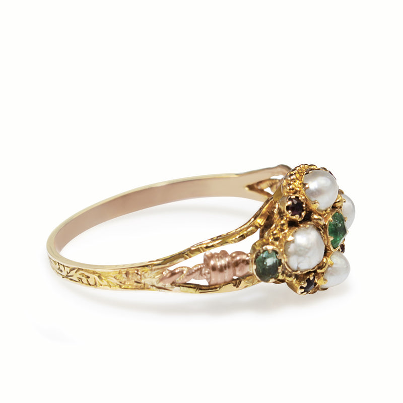 9ct Yellow and Rose Gold Amethyst, Emerald and Pearl Suffragette Ring