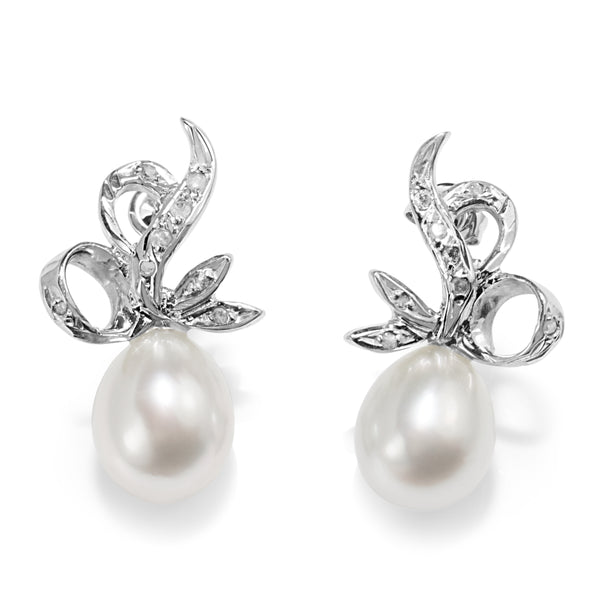 Palladium Vintage 9mm South Sea Pearl and Diamond Earrings