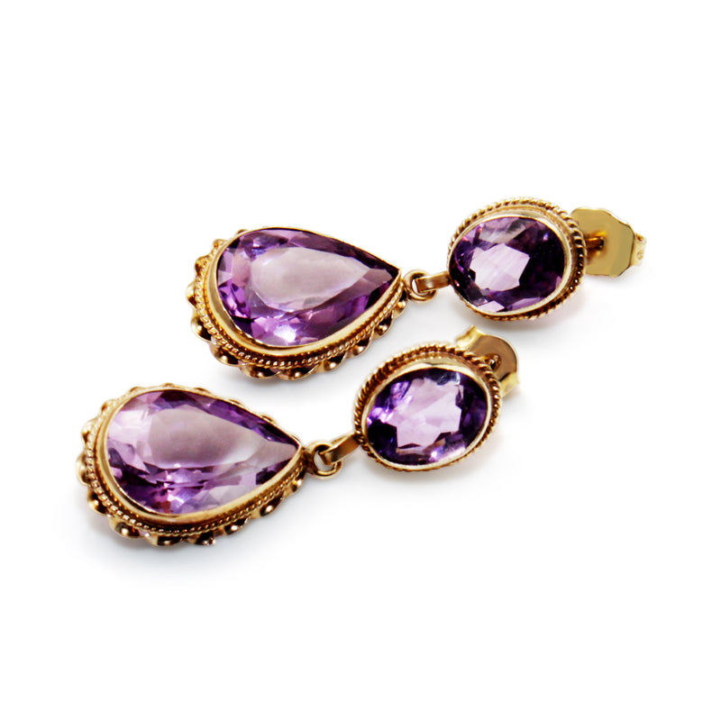 14ct Yellow Gold Vintage Amethyst Drop Earrings