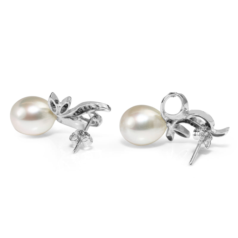 Palladium Vintage 9mm South Sea Pearl and Diamond Earrings