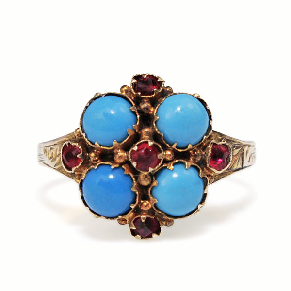 9ct Yellow Gold Antique Turquoise and Ruby Ring