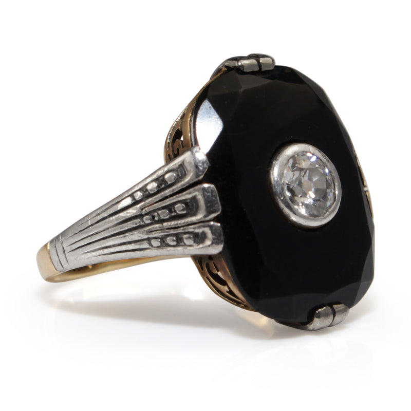 14ct Yellow and White Gold Art Deco Onyx and Diamond Ring