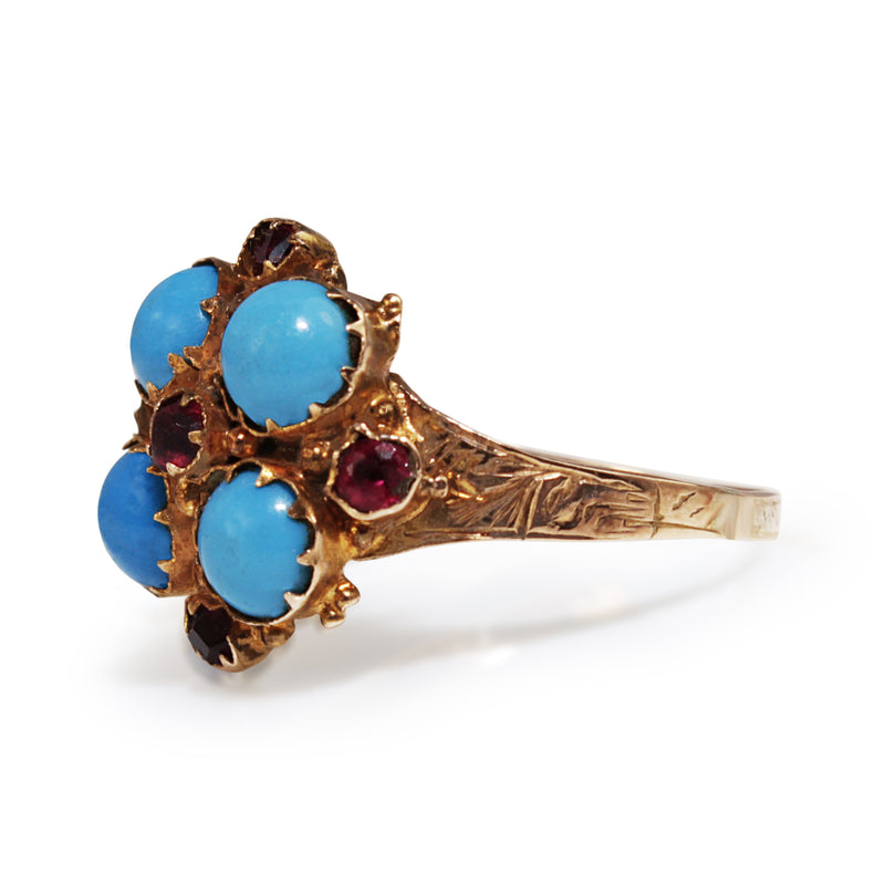 9ct Yellow Gold Antique Turquoise and Ruby Ring