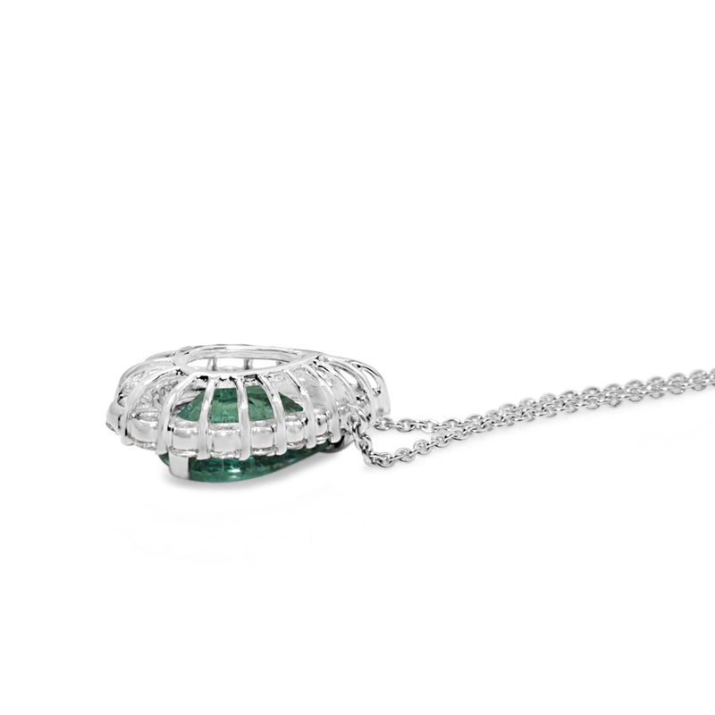 18ct White Gold Emerald and Diamond Graduated Halo Necklace