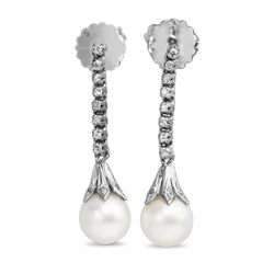 Palladium Cultured Pearl and Single Cut Diamond Drop Earrings