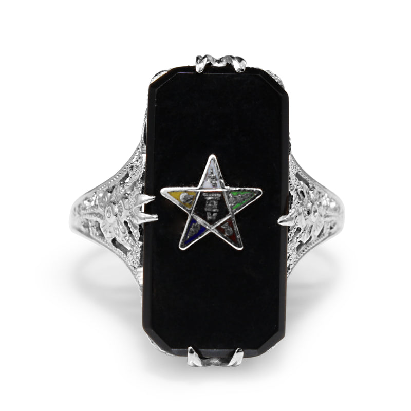 14ct White Gold Antique Masonic Onyx and Enamel Ring