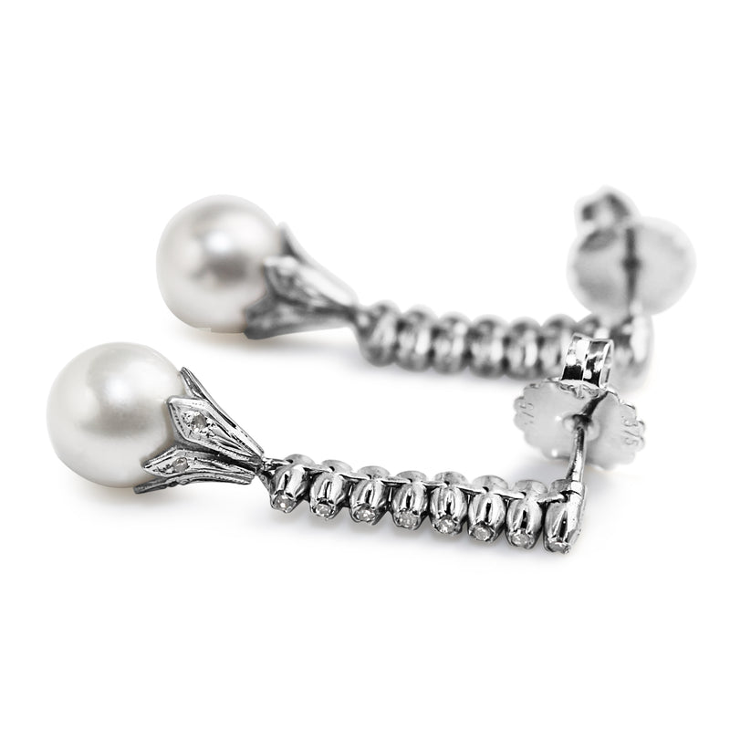 Palladium Cultured Pearl and Single Cut Diamond Drop Earrings