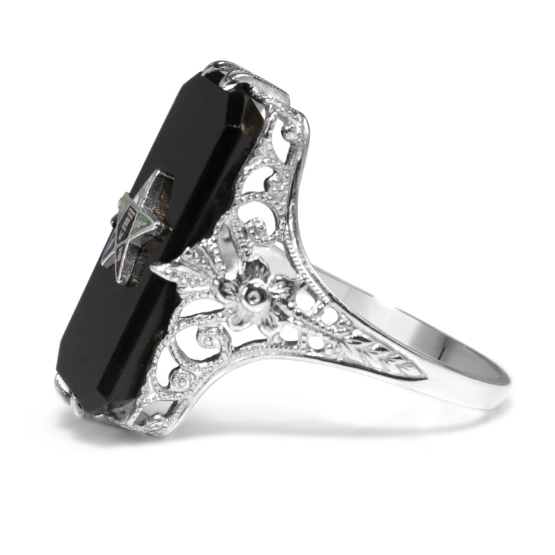 14ct White Gold Antique Masonic Onyx and Enamel Ring