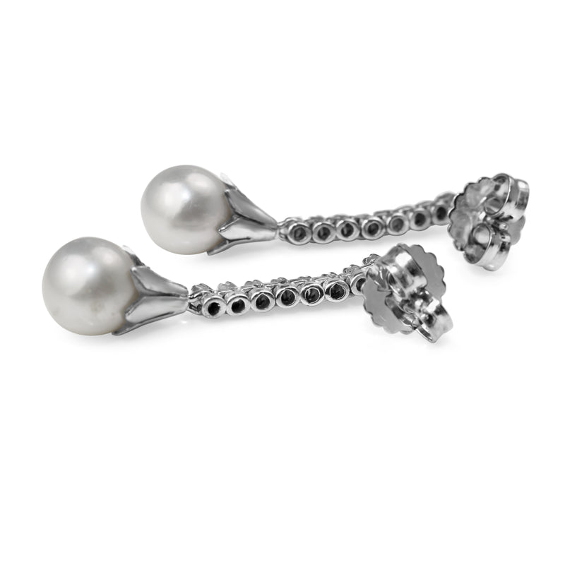 Palladium Cultured Pearl and Single Cut Diamond Drop Earrings