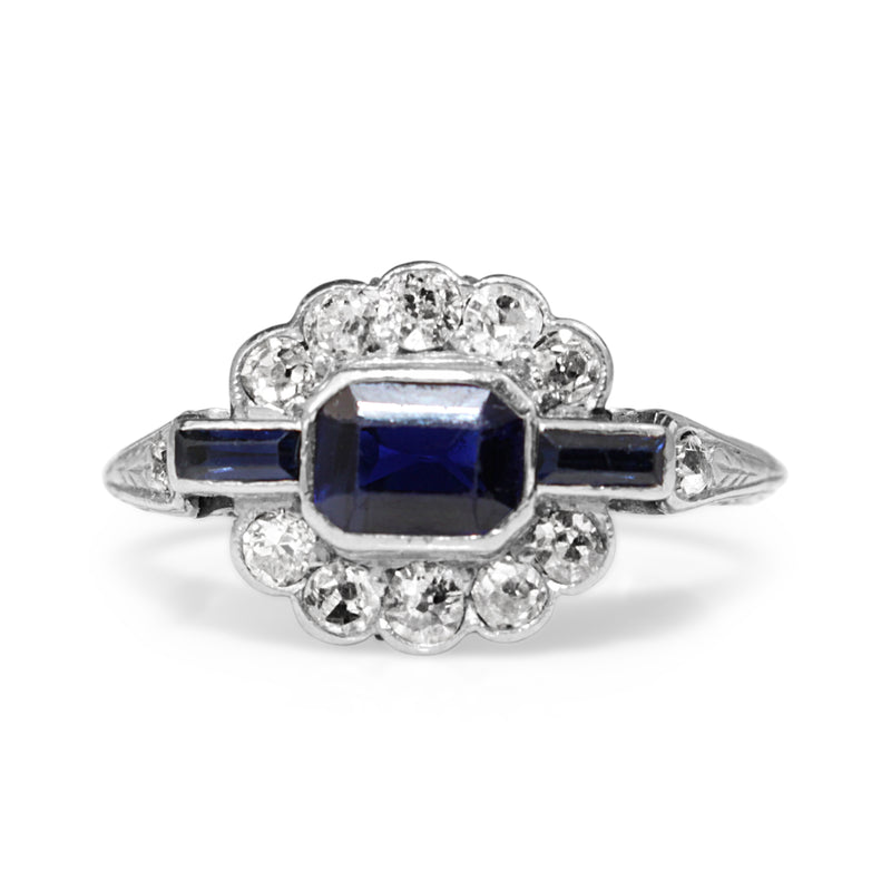 18ct White Gold Art Deco Sapphire and Old Cut Diamond Ring