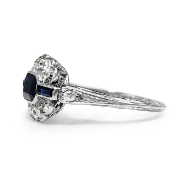 18ct White Gold Art Deco Sapphire and Old Cut Diamond Ring