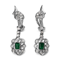 Palladium Art Deco Emerald and Single Cut Diamond Earrings
