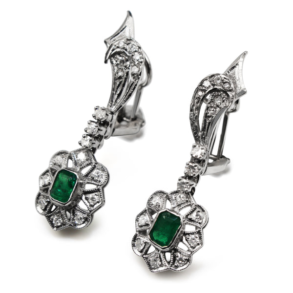 Palladium Art Deco Emerald and Single Cut Diamond Earrings