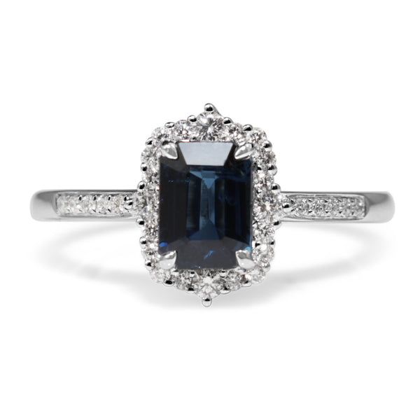 18ct White Gold Sapphire and Diamond Vintage Style Halo Ring