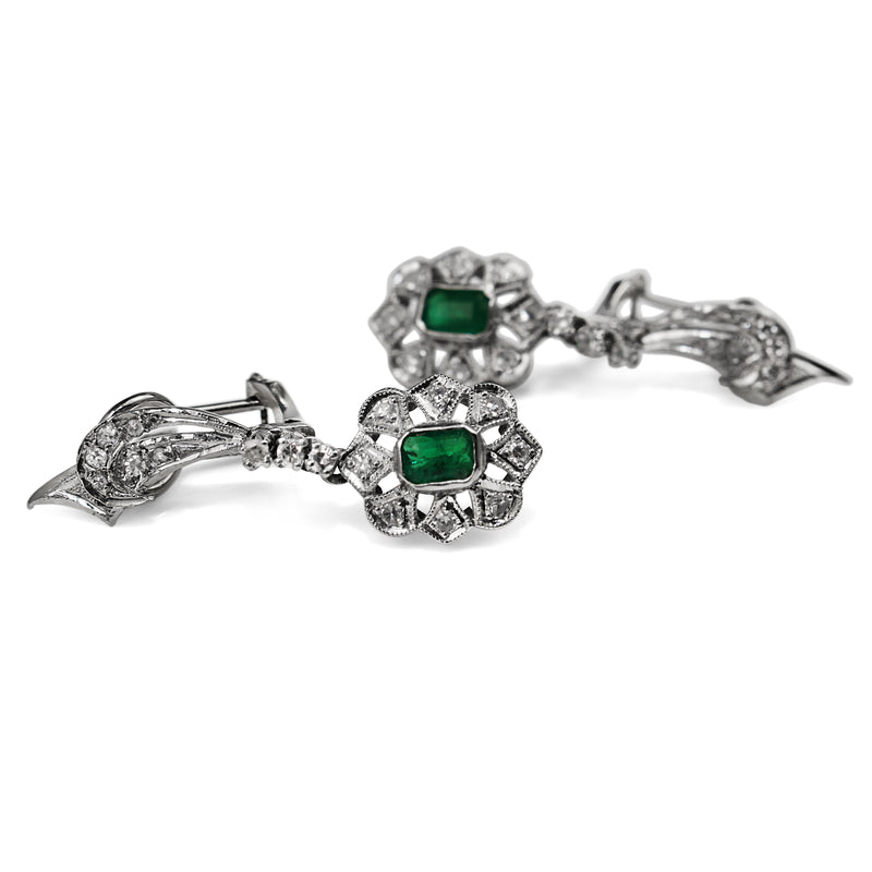 Palladium Art Deco Emerald and Single Cut Diamond Earrings